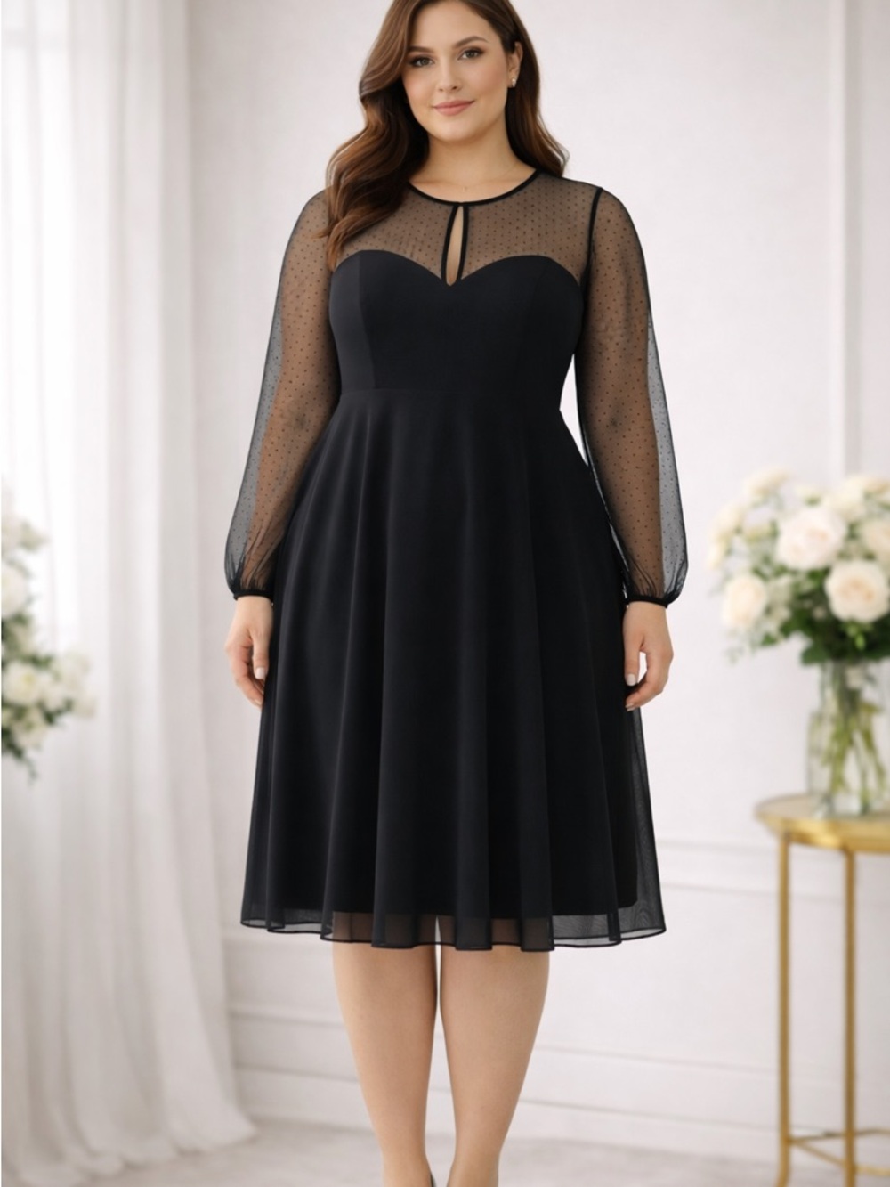 Ralph Lauren Black Midi Dress with Sheer Dot Sleeves